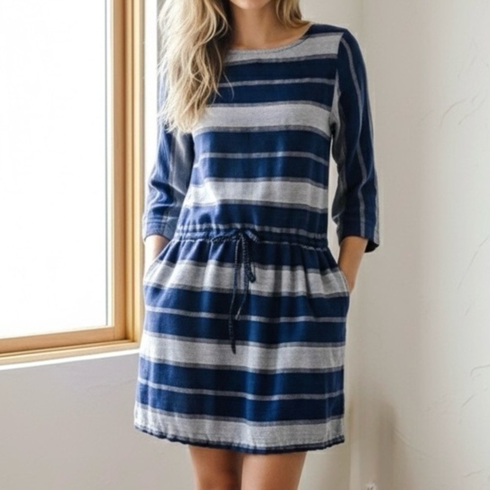 ACE & JIG Kyoto Blue Gray Metallic Stripe Drawstring Dress